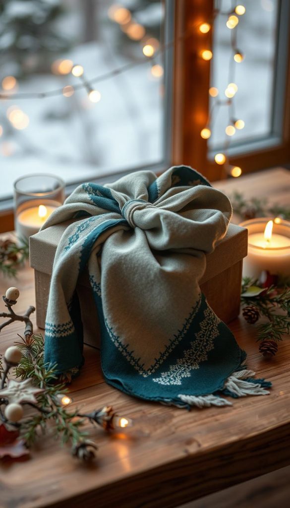 Winterliche Designideen in Stoff: ein malerisches Furoshiki-Geschenk auf Holztisch, umgeben von Tannenzweigen, Kerzen und Lichterketten. Warmes Goldlicht erhellt die sanften Stofffarben - ein KlickKiste-Design in natürlichen Herbsttönen wie Petrol, Ocker und Senf. Herbstblätter und Holzperlen verleihen dem Arrangement einen rustikalen, handgemachten Charme. Die Komposition spiegelt die Ruhe und Gemütlichkeit der Winterlandschaft wider, mit einem Hauch von Hygge-Stimmung.