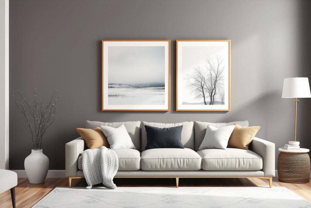 Winterliche Wandkunst mit Naturmotiven in einem Wohnzimmer