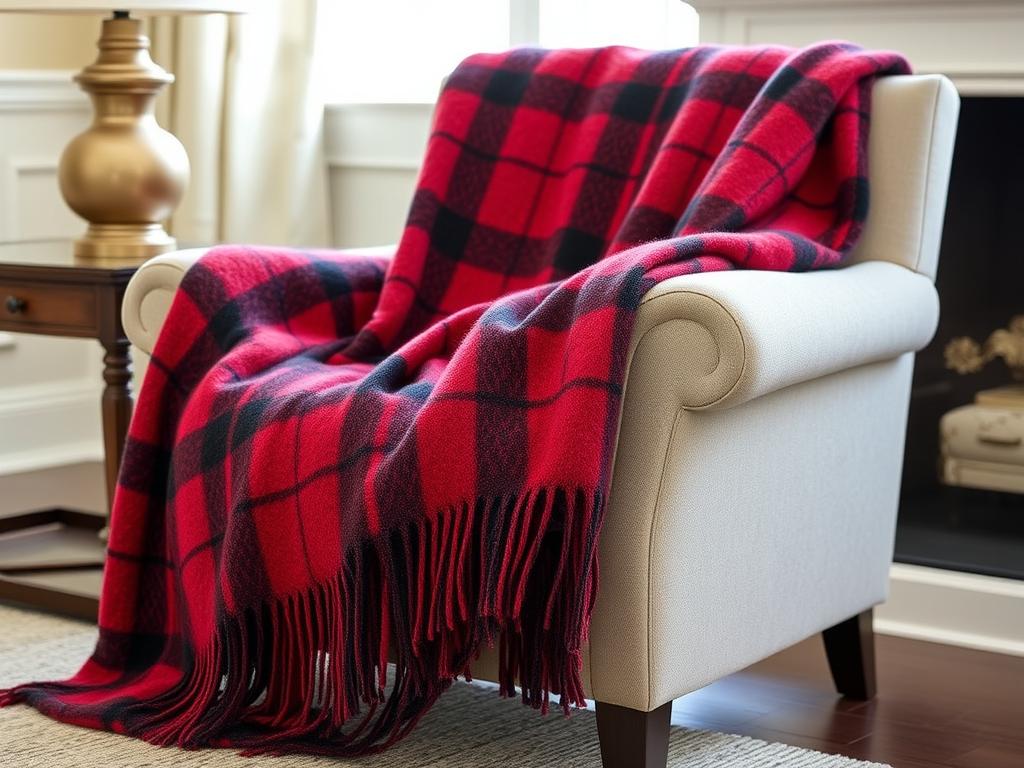 Wolldecke aus Neuseeland in Rot/Schwarz mit Fransen auf einem Sessel drapiert