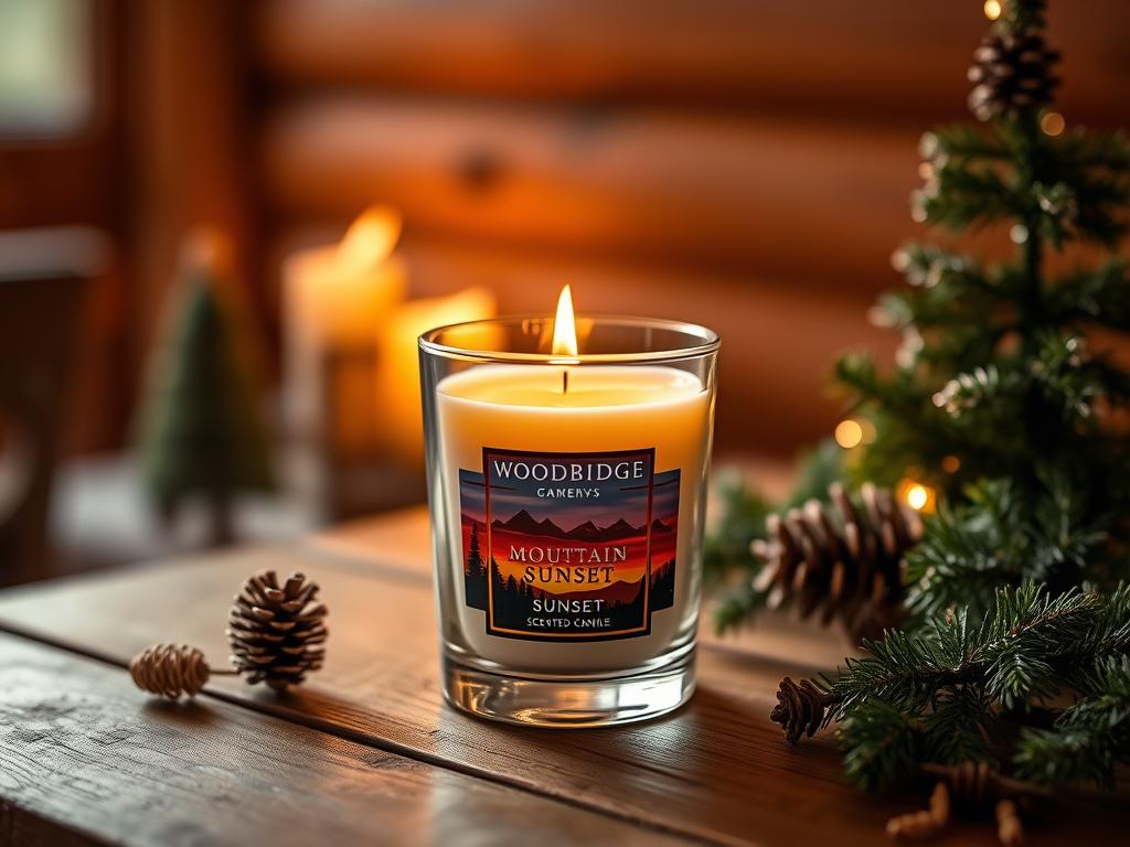 Woodbridge Mountain Sunset Duftkerze in einem eleganten Glas mit Bergmotiv bei Sonnenuntergang