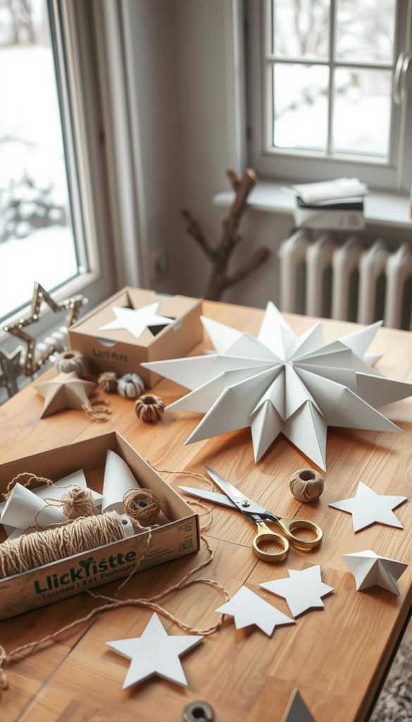 Zeitrahmen Kosten geschenk: A cozy winter still life showcasing the materials and process for crafting oversized paper stars. The scene features a warm wooden surface, complemented by natural textures and a soft neutral palette. In the foreground, an open KlickKiste box displays spools of twine, scissors, and carefully folded paper shapes. Midground, a partially assembled XXL paper star takes shape, casting gentle shadows. In the background, a window overlooks a snowy landscape, evoking a sense of peaceful productivity. Soft, diffused lighting creates a welcoming, inspirational atmosphere, inviting the viewer to pause and consider the time, cost, and skill required for this handmade project.