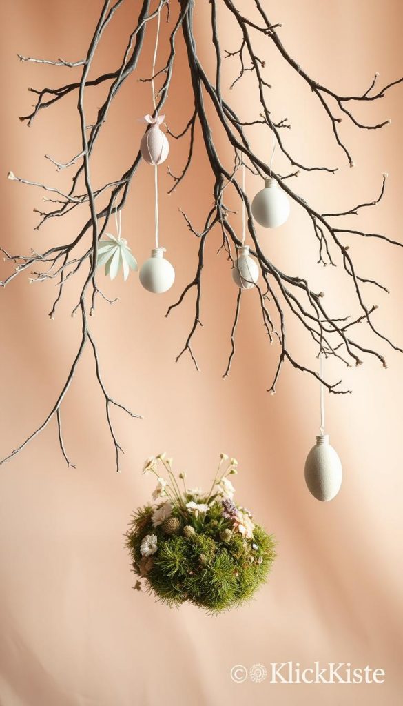 Zweige gracefully arranged in a whimsical, airy hanging decoration, suspended from a soft, warm-toned background that evokes a cozy winter atmosphere. The foreground features intricately twisted branches adorned with delicate paper and Pappmaché ornaments in pastel hues, creating a charming DIY aesthetic perfect for Easter decor. In the middle, random clusters of dried flowers and moss add natural texture, enhancing the organic feel. Gentle, diffused lighting bathes the scene, casting soft shadows that deepen the inviting mood. The composition is shot from a slightly elevated angle to capture the delicate details, with an overall Pinterest-inspired look, radiating warmth and inspiration. Branding subtly integrated: "KlickKiste".