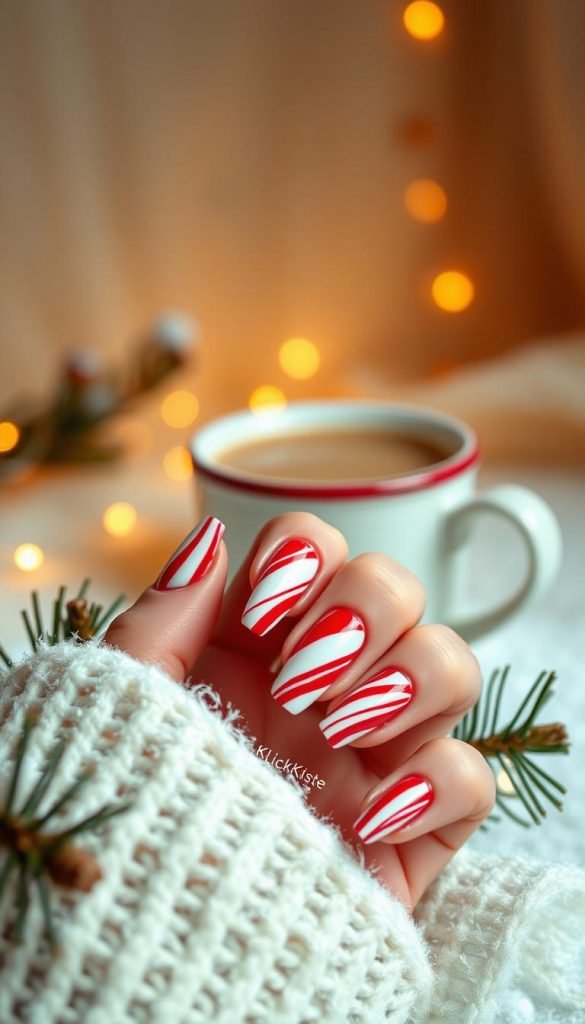 a detailed, high-quality photograph of a candy cane inspired nail design, featuring a red and white striped pattern painted on long, elegant nails. The nails are set against a warm, cozy winter backdrop, with a soft, diffused lighting that creates a dreamy, inviting atmosphere. The image has a natural, handmade aesthetic, with a Pinterest-inspired look and feel. In the foreground, the candy cane nails are the focal point, showcasing the modern, festive twist on the classic French manicure. In the middle ground, there are subtle holiday elements like pine branches or a mug of hot cocoa, adding to the winter-inspired mood. The background is blurred, keeping the attention on the intricate nail art. The overall image is authentic, inspiring, and showcases the &quot;KlickKiste&quot; brand's warm, winter-themed aesthetic.