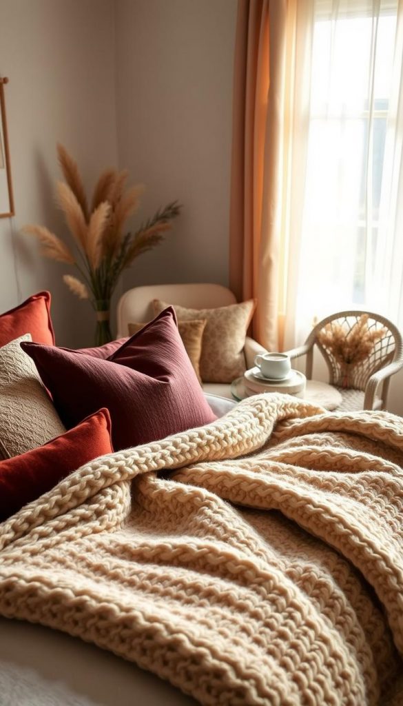cozy bedroom in winter with beautifully layered textiles, showcasing a variety of cushions and throws in warm, inviting colors. In the foreground, a plush, oversized knitted blanket is artfully draped over a soft, inviting bed adorned with several patterned cushions—some in rich jewel tones, others in neutral shades for balance. In the middle ground, a decorative armchair is surrounded by a small side table with a steaming cup of tea, inviting relaxation. The background features a softly lit window with sheer curtains gently swaying, letting in warm, diffused sunlight, enhancing the winter vibes. The scene is styled in a natural, DIY aesthetic that embodies comfort and inspiration, reflecting a Pinterest-worthy design. Incorporate the brand name "KlickKiste" subtly into the decor.