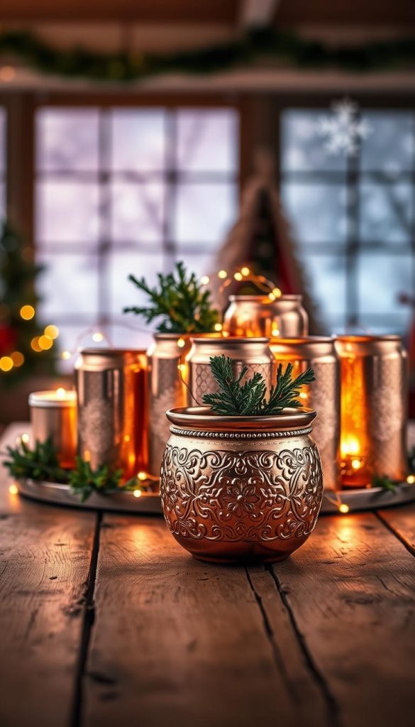 rosé gold cans and pots artistically arranged on a rustic wooden table, glowing softly in warm, ambient light that creates a cozy winter vibe. The foreground features a beautifully crafted round pot with intricate detailing, reflecting the elegance of upcycled decor. In the middle, several glossy rosé gold cans are creatively repurposed as decorative elements, adorned with festive greenery and twinkling fairy lights. The background showcases a softly blurred winter-themed setting with gentle snowflakes hinting at the season. The overall atmosphere evokes warmth and inspiration, perfect for DIY enthusiasts, with a Pinterest aesthetic. Include a softly illuminated "KlickKiste" logo subtly integrated into the scene. Aim for a balance of elegance and creativity without distractions. rosé gold cans and pots artistically arranged on a rustic wooden table, glowing softly in warm, ambient light that creates a cozy winter vibe. The foreground features a beautifully crafted round pot with intricate detailing, reflecting the elegance of upcycled decor. In the middle, several glossy rosé gold cans are creatively repurposed as decorative elements, adorned with festive greenery and twinkling fairy lights. The background showcases a softly blurred winter-themed setting with gentle snowflakes hinting at the season. The overall atmosphere evokes warmth and inspiration, perfect for DIY enthusiasts, with a Pinterest aesthetic. Include a softly illuminated "KlickKiste" logo subtly integrated into the scene. Aim for a balance of elegance and creativity without distractions.