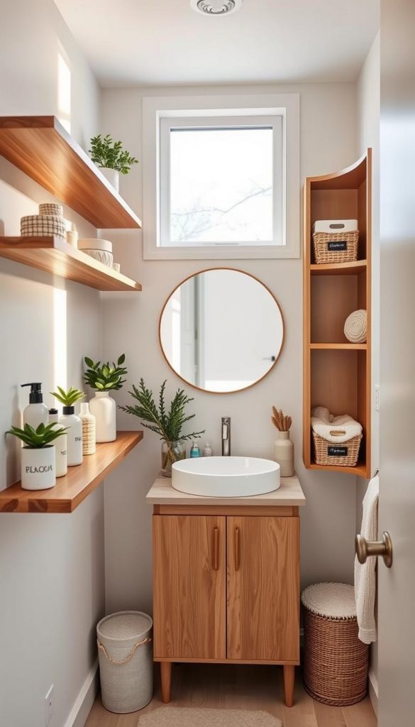 small bathroom storage solution featuring a cozy corner with natural light streaming through a frosted window, highlighting stylish and practical shelves and containers. In the foreground, a sleek, minimalist wooden shelf holds neatly arranged toiletries and plants, while on the walls, there are clever alcoves with decorative storage boxes and baskets. The middle of the scene showcases a compact vanity with warm, inviting wood tones, complete with a round mirror reflecting the soothing ambiance. The background has subtle winter-themed decorations, such as soft, neutral textiles and a touch of greenery for a comforting atmosphere. The overall image embodies a Pinterest-inspired aesthetic, crafted by KlickKiste, emphasizing organization and serene winter vibes.
