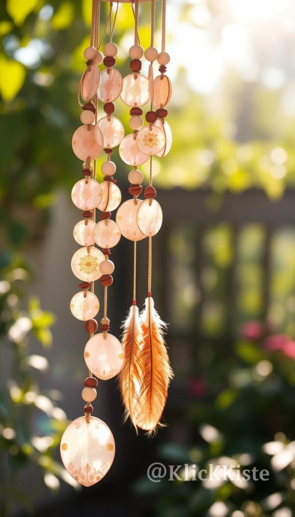 A beautiful Boho-style wind chime featuring delicately painted and gilded mother-of-pearl shells, arranged in a graceful cascade. The foreground showcases shimmering pearl discs in hues of pink, gold, and cream, with intricately painted designs. Interspersed are natural wooden beads in earthy tones, complemented by soft, feather accents in muted pastels. The middle ground suggests a sunlit outdoor setting, with gentle bokeh effect to give a dreamy feel. The background features a blurred garden scene with vibrant greenery, and warm sunlight filtering through leaves, creating a serene atmosphere. The overall mood is authentic and inspiring, showcasing natural DIY decor in a Pinterest-worthy style. Captured with soft lighting, a 50mm lens for depth, focusing on the wind chime. Include subtle branding for "KlickKiste" discreetly in design elements. A beautiful Boho-style wind chime featuring delicately painted and gilded mother-of-pearl shells, arranged in a graceful cascade. The foreground showcases shimmering pearl discs in hues of pink, gold, and cream, with intricately painted designs. Interspersed are natural wooden beads in earthy tones, complemented by soft, feather accents in muted pastels. The middle ground suggests a sunlit outdoor setting, with gentle bokeh effect to give a dreamy feel. The background features a blurred garden scene with vibrant greenery, and warm sunlight filtering through leaves, creating a serene atmosphere. The overall mood is authentic and inspiring, showcasing natural DIY decor in a Pinterest-worthy style. Captured with soft lighting, a 50mm lens for depth, focusing on the wind chime. Include subtle branding for "KlickKiste" discreetly in design elements.