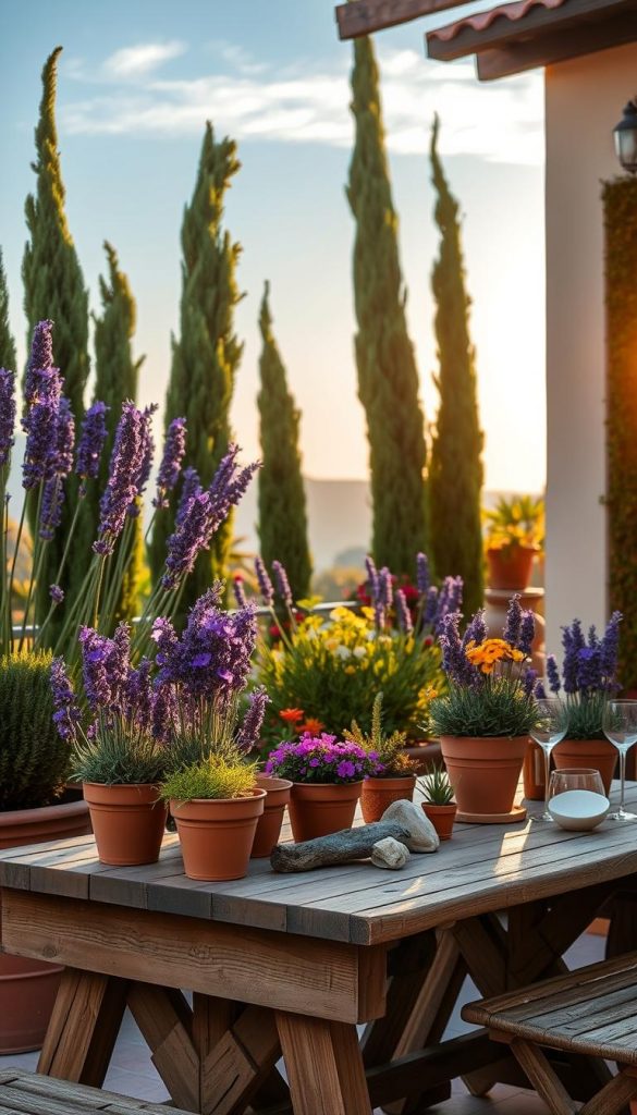 A beautiful Mediterranean terrace scene, showcasing vibrant lavender plants in full bloom, tall cypress trees framing the sides, and various earthy tones in the decor. In the foreground, a rustic wooden table adorned with terracotta pots and natural elements like stones and driftwood, reflecting a DIY aesthetic. In the middle, lush greenery blends seamlessly with colorful flowers, creating a cozy and inviting atmosphere. The background features a clear blue sky and gentle sunlight casting warm, golden hues over the scene, enhancing the tranquil summer evening vibe. The overall composition should evoke a sense of relaxation and holiday spirit, perfect for inspiring readers seeking DIY ideas for their outdoor spaces. Authentic, Pinterest-style imagery associated with the brand KlickKiste.