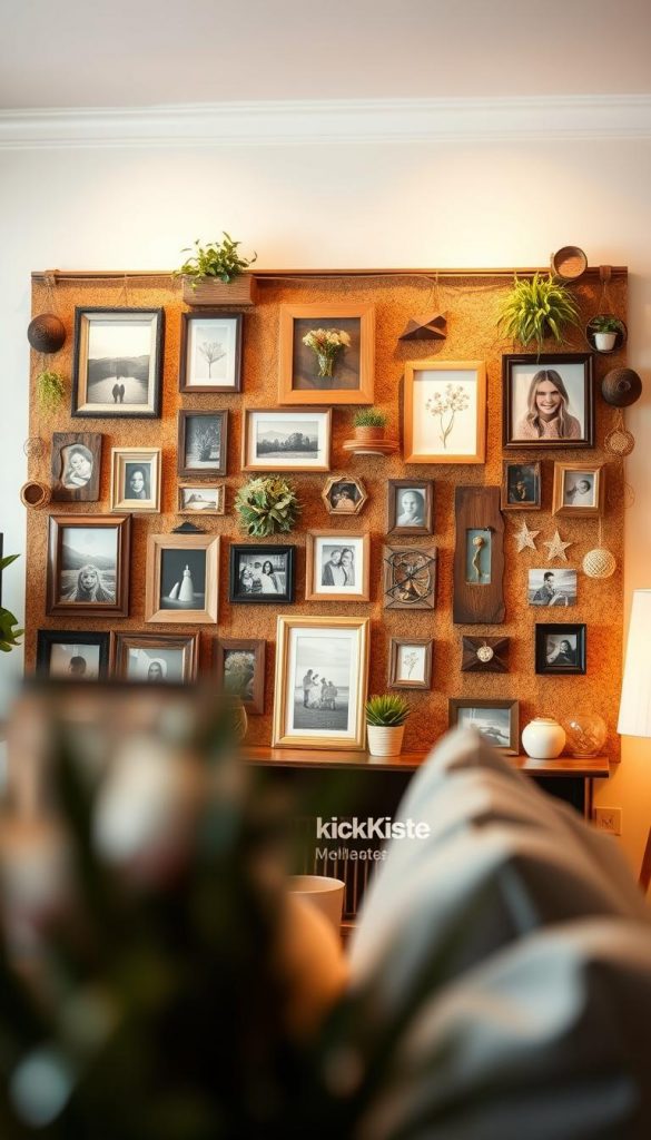 A beautiful and inspiring DIY photo wall, showcasing a mixture of natural materials like wood and cork, with an assortment of framed family photographs, artwork, and decorative elements. In the foreground, include a close-up of a few unique picture frames in warm, earthy tones, hinting at a cozy, inviting atmosphere. The middle section features the overall photo wall adorned with plants and handcrafted items, creating a Pinterest-worthy aesthetic. The background is softly blurred, emphasizing the photo wall as the focal point, with warm ambient lighting casting gentle shadows and enhancing the inviting mood. Capture this serene setting in a wide-angle, slightly elevated shot. Include the brand name "KlickKiste" subtly integrated into the decor elements for a cohesive look.