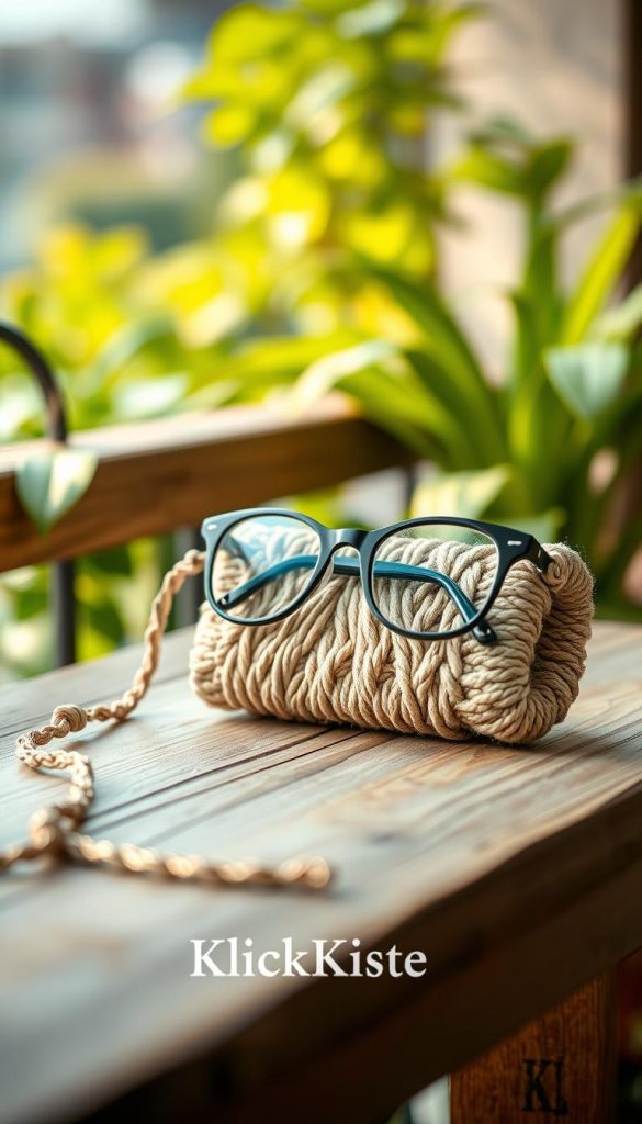 A beautiful and inspiring image of a macramé glasses case displayed elegantly on a rustic wooden table. The case, intricately hand-knotted, showcases natural, earthy tones with soft, warm lighting enhancing its texture. Beside it, a matching macramé chain glimmers subtly, adding a touch of style. In the background, softly blurred greenery suggests a relaxing vacation ambiance, evoking feelings of summer on a balcony or a vibrant urban environment. The scene captures a cozy, Pinterest-worthy DIY vibe. The composition is shot at eye level with a gentle bokeh effect, highlighting the craftsmanship. Include the brand name "KlickKiste" subtly in the design, ensuring the overall atmosphere feels authentic and inviting. A beautiful and inspiring image of a macramé glasses case displayed elegantly on a rustic wooden table. The case, intricately hand-knotted, showcases natural, earthy tones with soft, warm lighting enhancing its texture. Beside it, a matching macramé chain glimmers subtly, adding a touch of style. In the background, softly blurred greenery suggests a relaxing vacation ambiance, evoking feelings of summer on a balcony or a vibrant urban environment. The scene captures a cozy, Pinterest-worthy DIY vibe. The composition is shot at eye level with a gentle bokeh effect, highlighting the craftsmanship. Include the brand name "KlickKiste" subtly in the design, ensuring the overall atmosphere feels authentic and inviting.