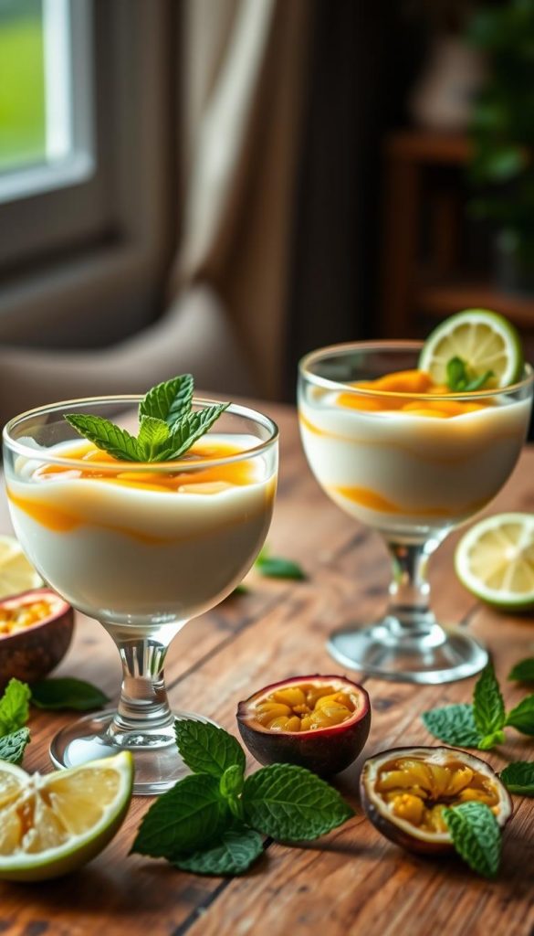 A beautiful and refreshing dessert scene featuring "Limettencreme mit Maracuja" served in elegant glass cups. In the foreground, show two glasses filled with smooth, creamy lime yogurt layered artistically with vibrant passion fruit pulp, adorned with mint leaves for a pop of color. In the middle, a rustic wooden table provides a warm, inviting surface, while a few slices of fresh limes and passion fruits are scattered around, enhancing the freshness. In the background, soft, natural light filters through a window, creating a cozy atmosphere. The warm colors of the dessert contrast with the greenery from the mint, evoking a summery, cheerful mood. The image has a Pinterest-inspired aesthetic, capturing an authentic and inspiring summertime vibe. Including the brand name "KlickKiste" subtly integrated into the scene. A beautiful and refreshing dessert scene featuring "Limettencreme mit Maracuja" served in elegant glass cups. In the foreground, show two glasses filled with smooth, creamy lime yogurt layered artistically with vibrant passion fruit pulp, adorned with mint leaves for a pop of color. In the middle, a rustic wooden table provides a warm, inviting surface, while a few slices of fresh limes and passion fruits are scattered around, enhancing the freshness. In the background, soft, natural light filters through a window, creating a cozy atmosphere. The warm colors of the dessert contrast with the greenery from the mint, evoking a summery, cheerful mood. The image has a Pinterest-inspired aesthetic, capturing an authentic and inspiring summertime vibe. Including the brand name "KlickKiste" subtly integrated into the scene.