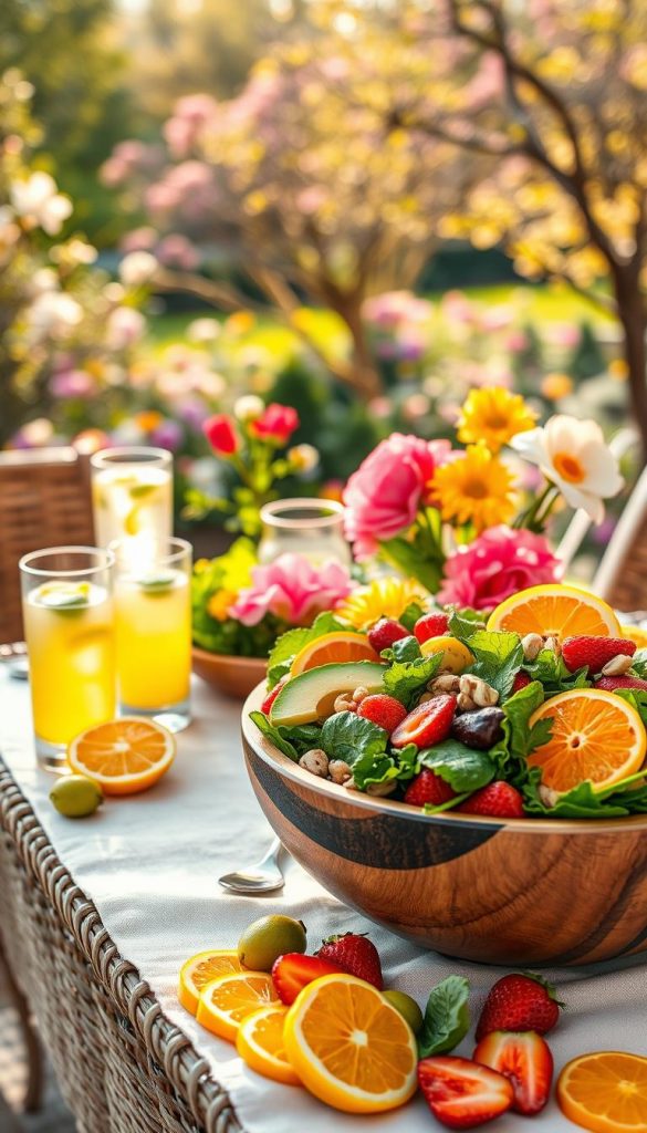 A beautiful and vibrant seasonal salad assortment that showcases the bounty of each season: in the foreground, a large, rustic wooden bowl brimming with colorful ingredients—fresh greens, juicy strawberries, slices of ripe avocado, bright orange segments, and crunchy nuts, all arranged artfully. In the middle, a wicker table with a light linen cloth, complemented by elegant glassware filled with refreshing lemonade and flowers in vibrant spring colors, suggesting a cheerful, inviting atmosphere. In the background, a softly blurred garden with blooming flowers and lush trees, bathed in warm, golden sunlight characteristic of a lovely day. The overall mood should evoke freshness and harmony, conveying a Pinterest-worthy aesthetic. Include subtle brand elements, mentioning "KlickKiste" visually integrated within the scene. A beautiful and vibrant seasonal salad assortment that showcases the bounty of each season: in the foreground, a large, rustic wooden bowl brimming with colorful ingredients—fresh greens, juicy strawberries, slices of ripe avocado, bright orange segments, and crunchy nuts, all arranged artfully. In the middle, a wicker table with a light linen cloth, complemented by elegant glassware filled with refreshing lemonade and flowers in vibrant spring colors, suggesting a cheerful, inviting atmosphere. In the background, a softly blurred garden with blooming flowers and lush trees, bathed in warm, golden sunlight characteristic of a lovely day. The overall mood should evoke freshness and harmony, conveying a Pinterest-worthy aesthetic. Include subtle brand elements, mentioning "KlickKiste" visually integrated within the scene.