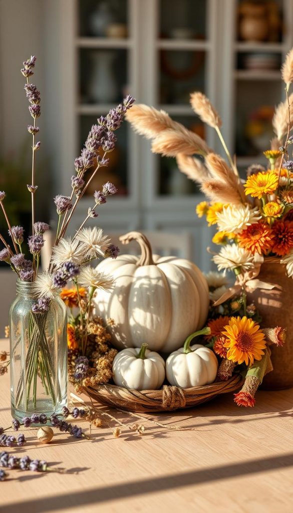 A beautiful arrangement of dried flowers, elegantly displayed in a vintage apothecary glass and a rustic vase, showcasing an array of soft pastel hues and earthy tones. The foreground features delicate dried lavender, fluffy bunny tails, and vibrant strawflowers, arranged artistically with warm, natural lighting casting gentle shadows. In the middle, a DIY pumpkin centerpiece decorated with twine and small white pumpkins adds a seasonal touch, harmonizing with the rich textures of the dried flora. The background is softly blurred, hinting at a cozy home interior with subtle autumn decor, invoking warmth and inspiration. The overall atmosphere is inviting and authentic, reflecting the essence of natural DIY aesthetics. This image captures the essence of "KlickKiste," designed for a Pinterest-inspired autumn theme.