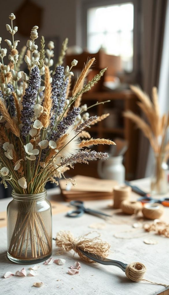 A beautiful arrangement of dried flowers, showcasing an assortment of textures and colors, including bleached eucalyptus, lavender, and pale golden wheat in a rustic vase. The foreground features delicate petals and slender stems, with warm, inviting colors reflecting a cozy atmosphere. In the middle ground, a DIY workspace is lightly cluttered with craft tools like scissors and twine, hinting at the creative process. In the background, a soft-focus view of a sunlit window casts gentle light over the scene, enhancing the natural warmth. The whole composition evokes an inspiring, authentic Pinterest aesthetic. Designed for "KlickKiste", this image must feel inviting and resonate with DIY enthusiasts.