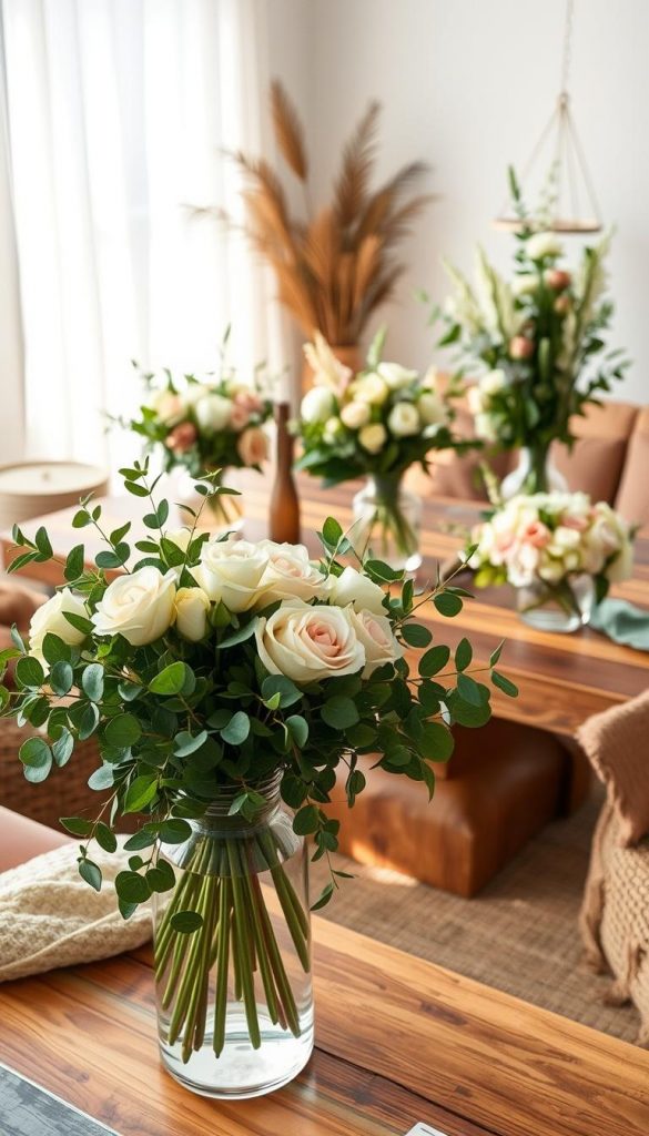 A beautiful arrangement of flowers inspired by various styles: modern, natural, Boho, and Scandinavian. In the foreground, a chic, minimalist vase filled with lush greenery, soft pastel roses, and fragrant eucalyptus. The middle ground features a rustic wooden table adorned with several unique DIY floral arrangements, each styled differently to represent the distinct themes. In the background, a cozy, sunlit room with soft, diffused natural light filtering through sheer curtains. The atmosphere is warm and inviting, echoing a Pinterest aesthetic. Include elements like textured fabrics and earthy tones to enhance the natural vibe. The brand name "KlickKiste" subtly incorporated into the scene.
