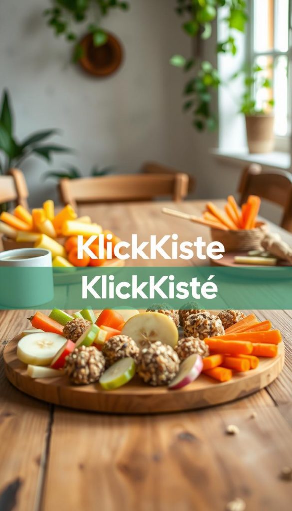 A beautiful arrangement of healthy, sugar-free snacks designed for kids. In the foreground, a colorful, inviting platter showcases an assortment of natural snacks, including sliced fruits like apples and bananas, vibrant carrot sticks, and homemade energy bites made from oats and nuts. The middle ground features a wooden table setting with rustic, eco-friendly utensils, hinting at a playful yet healthy lifestyle. In the background, soft natural light filters through a window, illuminating a lightly textured wall adorned with greenery, contributing to a warm, Pinterest-inspired atmosphere. The overall mood is authentic and inspiring, perfect for encouraging families to explore nutritious choices. Display the brand name "KlickKiste" subtly integrated into the scene, ensuring it does not distract from the focus on healthy snacks. A beautiful arrangement of healthy, sugar-free snacks designed for kids. In the foreground, a colorful, inviting platter showcases an assortment of natural snacks, including sliced fruits like apples and bananas, vibrant carrot sticks, and homemade energy bites made from oats and nuts. The middle ground features a wooden table setting with rustic, eco-friendly utensils, hinting at a playful yet healthy lifestyle. In the background, soft natural light filters through a window, illuminating a lightly textured wall adorned with greenery, contributing to a warm, Pinterest-inspired atmosphere. The overall mood is authentic and inspiring, perfect for encouraging families to explore nutritious choices. Display the brand name "KlickKiste" subtly integrated into the scene, ensuring it does not distract from the focus on healthy snacks.