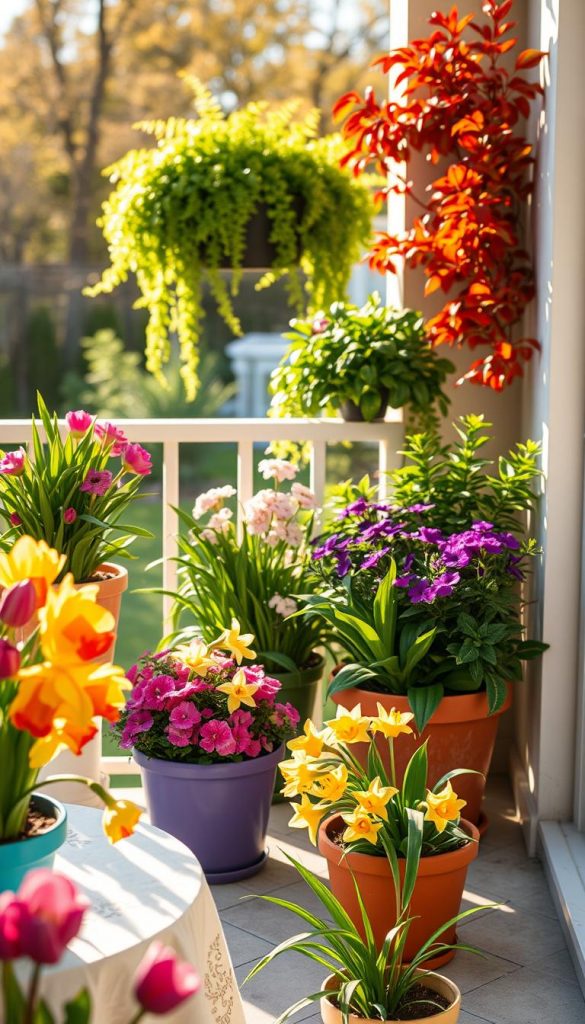 A beautiful balcony scene featuring seasonal plants representing spring, summer, and autumn. In the foreground, vibrant spring flowers such as tulips and daffodils in colorful pots, alongside delicate textiles like pastel tablecloths and embroidered cushions. The middle ground showcases lush summer greenery, including petunias and hanging ferns, with warm sunlight casting gentle shadows. The background reveals hints of autumn with golden and crimson leaves from ornamental trees. Capture the image with soft, natural lighting to evoke a warm, inviting atmosphere, as if bathed in the golden hour. Use a soft focus lens effect to create a dreamy Pinterest-like aesthetic. Incorporate elements of DIY charm that reflect the brand "KlickKiste" in a tasteful manner. A beautiful balcony scene featuring seasonal plants representing spring, summer, and autumn. In the foreground, vibrant spring flowers such as tulips and daffodils in colorful pots, alongside delicate textiles like pastel tablecloths and embroidered cushions. The middle ground showcases lush summer greenery, including petunias and hanging ferns, with warm sunlight casting gentle shadows. The background reveals hints of autumn with golden and crimson leaves from ornamental trees. Capture the image with soft, natural lighting to evoke a warm, inviting atmosphere, as if bathed in the golden hour. Use a soft focus lens effect to create a dreamy Pinterest-like aesthetic. Incorporate elements of DIY charm that reflect the brand "KlickKiste" in a tasteful manner.