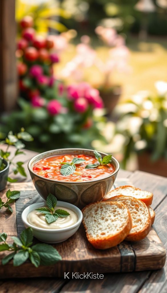 A beautiful bowl of vibrant Gazpacho, garnished with fresh mint leaves, sits elegantly on a rustic wooden table. The cool, refreshing soup showcases rich red tones of ripe tomatoes, blended with green cucumber and hints of bell pepper. Around the bowl, a small dish of mint dip is artistically displayed alongside crispy toasted bread slices, invitingly arranged. Soft, natural lighting creates a warm, inviting atmosphere, highlighting the fresh ingredients. In the background, a blurred garden scene adds a sense of tranquility, with lush greenery and soft sunlight filtering through. The composition has a natural, Pinterest-inspired aesthetic, evoking a refreshing summer day. The brand name "KlickKiste" subtly appears in the corner, ensuring the image aligns with a professional yet inspiring mood. A beautiful bowl of vibrant Gazpacho, garnished with fresh mint leaves, sits elegantly on a rustic wooden table. The cool, refreshing soup showcases rich red tones of ripe tomatoes, blended with green cucumber and hints of bell pepper. Around the bowl, a small dish of mint dip is artistically displayed alongside crispy toasted bread slices, invitingly arranged. Soft, natural lighting creates a warm, inviting atmosphere, highlighting the fresh ingredients. In the background, a blurred garden scene adds a sense of tranquility, with lush greenery and soft sunlight filtering through. The composition has a natural, Pinterest-inspired aesthetic, evoking a refreshing summer day. The brand name "KlickKiste" subtly appears in the corner, ensuring the image aligns with a professional yet inspiring mood.