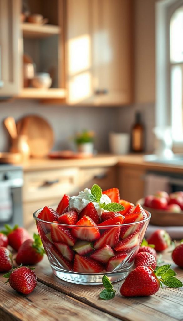 A beautiful dessert featuring fresh strawberries and rhubarb, elegantly presented on a rustic wooden table. In the foreground, a glass dish showcases layers of vibrant red strawberries and translucent green rhubarb, topped with a dollop of whipped cream and a sprinkle of mint leaves. Surrounding the dish are scattered strawberries and thin rhubarb stalks, enhancing the inviting freshness. In the middle background, a softly blurred bokeh effect highlights a light, sunlit kitchen setting with natural wooden cabinets. Warm light filters through a nearby window, creating a cozy and welcoming atmosphere. The overall mood is sweet, fresh, and inspiring, with a Pinterest-worthy aesthetic. The branding "KlickKiste" subtly integrated into the decor without overpowering the dessert's presentation. A beautiful dessert featuring fresh strawberries and rhubarb, elegantly presented on a rustic wooden table. In the foreground, a glass dish showcases layers of vibrant red strawberries and translucent green rhubarb, topped with a dollop of whipped cream and a sprinkle of mint leaves. Surrounding the dish are scattered strawberries and thin rhubarb stalks, enhancing the inviting freshness. In the middle background, a softly blurred bokeh effect highlights a light, sunlit kitchen setting with natural wooden cabinets. Warm light filters through a nearby window, creating a cozy and welcoming atmosphere. The overall mood is sweet, fresh, and inspiring, with a Pinterest-worthy aesthetic. The branding "KlickKiste" subtly integrated into the decor without overpowering the dessert's presentation.