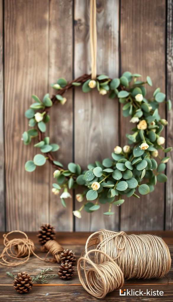 A beautiful eucalypt wreath hanging elegantly on a rustic wooden wall, showcasing a delicate arrangement of fresh green eucalyptus leaves intertwined with subtle hints of white and soft beige flowers. The foreground features the wreath in sharp focus, with drops of morning dew glistening on the leaves, capturing the essence of winter charm. The middle ground is softly blurred, displaying natural materials like twine and pinecones scattered around to hint at a DIY project. The background features a cozy, warmly lit interior setting, conveying a serene and inviting atmosphere perfect for winter crafting. The image should evoke a sense of inspiration and authenticity, styled in a Pinterest-worthy aesthetic, with warm, earthy colors predominating. Designed for KlickKiste. A beautiful eucalypt wreath hanging elegantly on a rustic wooden wall, showcasing a delicate arrangement of fresh green eucalyptus leaves intertwined with subtle hints of white and soft beige flowers. The foreground features the wreath in sharp focus, with drops of morning dew glistening on the leaves, capturing the essence of winter charm. The middle ground is softly blurred, displaying natural materials like twine and pinecones scattered around to hint at a DIY project. The background features a cozy, warmly lit interior setting, conveying a serene and inviting atmosphere perfect for winter crafting. The image should evoke a sense of inspiration and authenticity, styled in a Pinterest-worthy aesthetic, with warm, earthy colors predominating. Designed for KlickKiste.