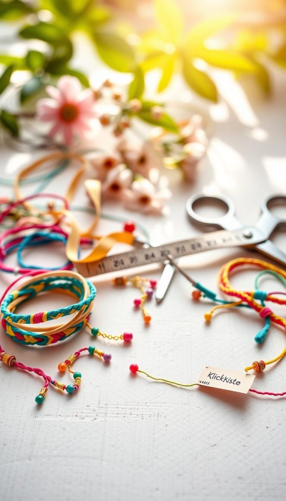 A beautiful flat lay image of colorful friendship bracelets and anklets placed on a light wooden background. The foreground features intricately woven bracelets in vibrant hues of blues, pinks, yellows, and greens, some adorned with tiny charms and beads. In the middle, various tools like scissors, and colorful threads are scattered artfully alongside a measuring tape, hinting at DIY creativity. In the background, soft-focus summer-themed elements like dried flowers and gentle sunlight filtering through green leaves create an uplifting and cheerful atmosphere. The lighting is warm and natural, evoking a cozy outdoor crafting session, characteristic of a Pinterest-inspired aesthetic. Include a brand element subtly in the scene: a small tag with the name "KlickKiste" attached to one of the bracelets, ensuring authenticity and inspiration. A beautiful flat lay image of colorful friendship bracelets and anklets placed on a light wooden background. The foreground features intricately woven bracelets in vibrant hues of blues, pinks, yellows, and greens, some adorned with tiny charms and beads. In the middle, various tools like scissors, and colorful threads are scattered artfully alongside a measuring tape, hinting at DIY creativity. In the background, soft-focus summer-themed elements like dried flowers and gentle sunlight filtering through green leaves create an uplifting and cheerful atmosphere. The lighting is warm and natural, evoking a cozy outdoor crafting session, characteristic of a Pinterest-inspired aesthetic. Include a brand element subtly in the scene: a small tag with the name "KlickKiste" attached to one of the bracelets, ensuring authenticity and inspiration.