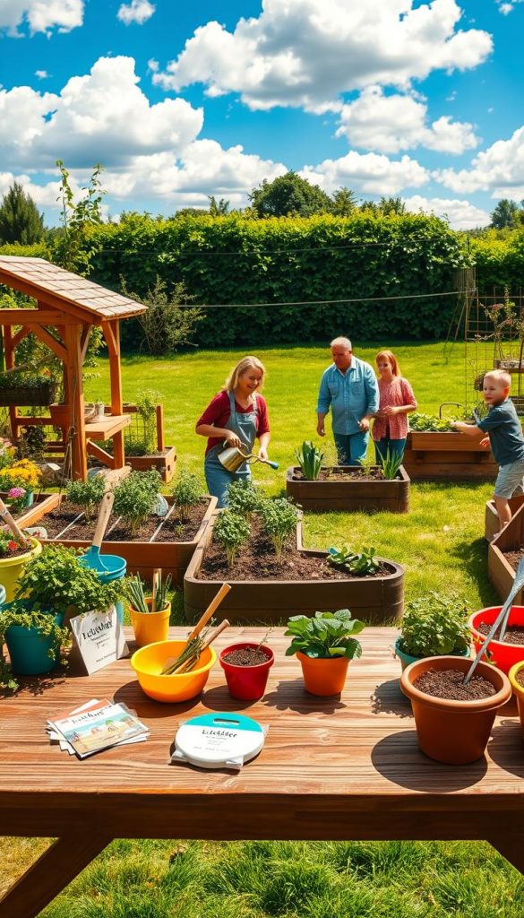 A beautiful garden scene showcasing various DIY gardening projects in a vibrant, warm color palette. In the foreground, display a wooden table with colorful garden tools, seed packets, and fresh herbs. In the middle, illustrate raised garden beds planted with vegetables, and a family working together, dressed in modest casual clothing, watering plants and laughing, exuding a sense of joy and collaboration. In the background, feature a lush green lawn under a bright blue sky dotted with fluffy white clouds. The lighting should be soft and warm, suggesting late afternoon sunlight. Capture an inviting atmosphere that feels both authentic and inspirational, perfect for families looking to engage in DIY gardening projects. Include elements that subtly reference "KlickKiste" to add branding without dominating the scene.