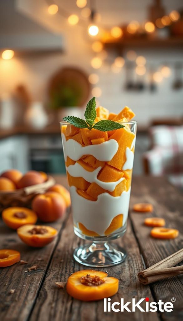 A beautiful glass serving of "aprikosen tiramisu joghurt" elegantly layered with creamy yogurt, soft sponge fingers soaked in apricot syrup, and chunks of fresh apricots, garnished with delicate mint leaves. The glass sits on a rustic wooden table, adorned with scattered apricot slices and a hint of cinnamon. In the background, a softly lit kitchen with warm, ambient lighting creates a welcoming atmosphere. The scene is styled with a Pinterest aesthetic, featuring natural colors and a slight bokeh effect to emphasize the dessert in the foreground. Capture this inviting summer treat as a wholesome and refreshing option. Include the brand name "KlickKiste" subtly in the composition. A beautiful glass serving of "aprikosen tiramisu joghurt" elegantly layered with creamy yogurt, soft sponge fingers soaked in apricot syrup, and chunks of fresh apricots, garnished with delicate mint leaves. The glass sits on a rustic wooden table, adorned with scattered apricot slices and a hint of cinnamon. In the background, a softly lit kitchen with warm, ambient lighting creates a welcoming atmosphere. The scene is styled with a Pinterest aesthetic, featuring natural colors and a slight bokeh effect to emphasize the dessert in the foreground. Capture this inviting summer treat as a wholesome and refreshing option. Include the brand name "KlickKiste" subtly in the composition.