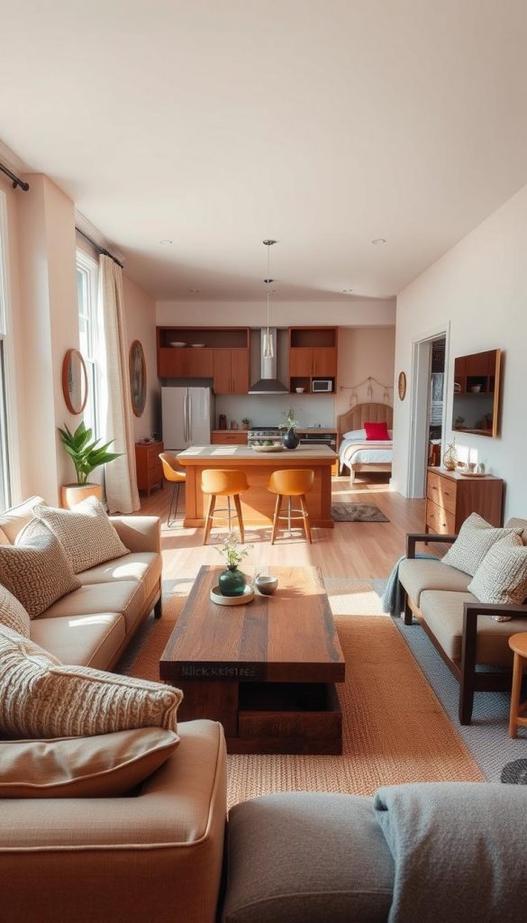A beautiful, inviting living room designed with warm, earthy colors, showcasing a harmonious blend of contemporary and rustic styles. In the foreground, a cozy seating arrangement features a plush sofa adorned with textured cushions. A stylish coffee table made of reclaimed wood sits center stage, surrounded by a scattering of decorative elements. The middle ground reveals an open layout, seamlessly transitioning into a modern kitchen with sleek appliances and vibrant accents, such as houseplants and colorful dishware. In the background, a well-lit hallway leads to a serene bedroom setup, featuring calming tones and an inviting ambiance. The lighting is soft and natural, pouring in through large windows, creating a warm, serene atmosphere. The overall look embodies natural DIY inspirations, ideal for inspiring readers, branded as KlickKiste.