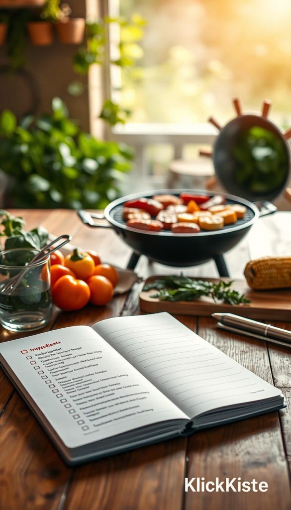 A beautiful, natural scene of a "zutaten checkliste" prominently displayed on a wooden kitchen table. In the foreground, an open notebook with a colorful checklist of BBQ ingredients, including meats, vegetables, and spices, neatly organized with bullet points. Beside it, a measuring cup and fresh produce like peppers, corn, and herbs. In the middle ground, a small grill is set up with vibrant food ready to be cooked, suggesting a friendly BBQ atmosphere. The background features soft, warm lighting that gives a cozy feeling, with green plants or herbs peeking in. The overall mood is inspiring and inviting, perfect for a summer gathering. Include subtle branding with “KlickKiste” artfully integrated into the scene.