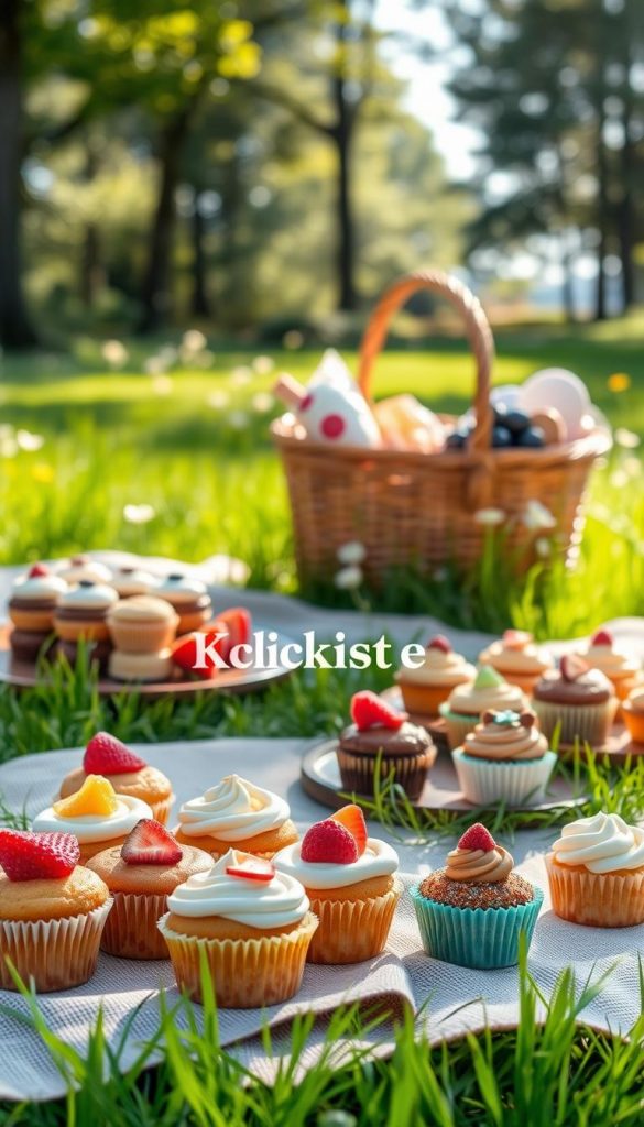 A beautiful picnic scene featuring an array of sweet muffins and cakes, arranged on a rustic wooden tablecloth spread across a bright green grass field. In the foreground, showcase vibrantly colored muffins topped with fresh fruit and delicate icing alongside a variety of charming mini cakes, all exuding warmth and inviting sweetness. The middle distance highlights a picnic basket overflowing with additional treats and surrounded by wildflowers. In the background, soft sunlight filters through trees, casting gentle shadows and enhancing the warm color palette, creating a cozy and inspiring atmosphere reminiscent of Pinterest aesthetics. The scene embodies a wholesome family picnic vibe, perfect for enjoying nature. The branding "KlickKiste" subtly integrates into the picnic setup, enhancing authenticity and inspiration. A beautiful picnic scene featuring an array of sweet muffins and cakes, arranged on a rustic wooden tablecloth spread across a bright green grass field. In the foreground, showcase vibrantly colored muffins topped with fresh fruit and delicate icing alongside a variety of charming mini cakes, all exuding warmth and inviting sweetness. The middle distance highlights a picnic basket overflowing with additional treats and surrounded by wildflowers. In the background, soft sunlight filters through trees, casting gentle shadows and enhancing the warm color palette, creating a cozy and inspiring atmosphere reminiscent of Pinterest aesthetics. The scene embodies a wholesome family picnic vibe, perfect for enjoying nature. The branding "KlickKiste" subtly integrates into the picnic setup, enhancing authenticity and inspiration.