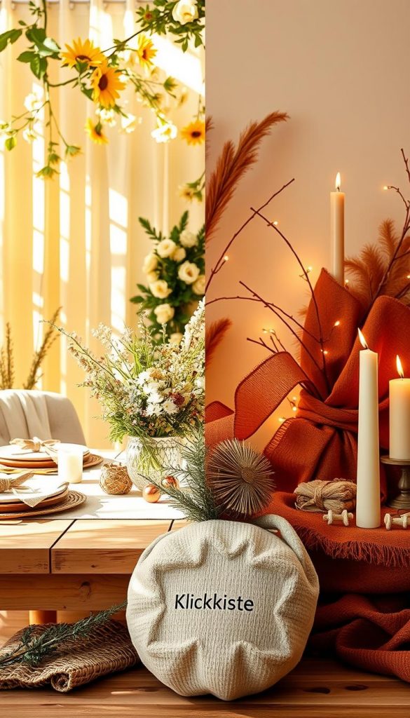 A beautiful seasonal display reflecting earthy tones, split into two contrasting sections: the left showcases a vibrant summer scene with light, airy decorations in warm yellows and greens, featuring delicate flowers, sun-drenched fabrics, and a wooden table dressed for an outdoor picnic. The right captures a cozy winter atmosphere with rich browns, deep reds, and warm white accents, featuring soft textiles, twinkling fairy lights, and a rustic candle arrangement. In the foreground, include a subtle brand logo for "KlickKiste" on a decorative item. The lighting should be soft and natural, evoking a sense of warmth and invitation. Capture the image with a slightly elevated angle, focusing on the textures and colors, creating an authentic and inspiring feel, perfect for a DIY decor concept.