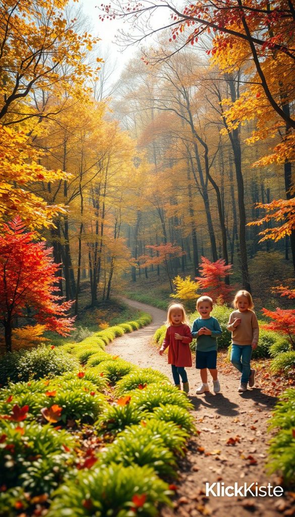 A beautiful, serene forest scene in autumn, showcasing a vibrant wald filled with a variety of trees adorned with golden and red leaves. In the foreground, a group of children in modest casual clothing joyfully explore the forest, collecting colorful leaves and acorns. The middle ground features a gentle, winding path leading deeper into the woods, surrounded by lush ferns and small wildflowers. In the background, soft beams of sunlight filter through the tree canopy, creating a warm and inviting atmosphere. Capture this scene with a slight depth of field to emphasize the children while keeping the enchanted forest environment in focus. The overall mood is playful and immersive, perfect for inspiring outdoor exploration. Brand the scene with a subtle touch of "KlickKiste" in the corner, ensuring it remains unobtrusive and integrated into the natural setting.