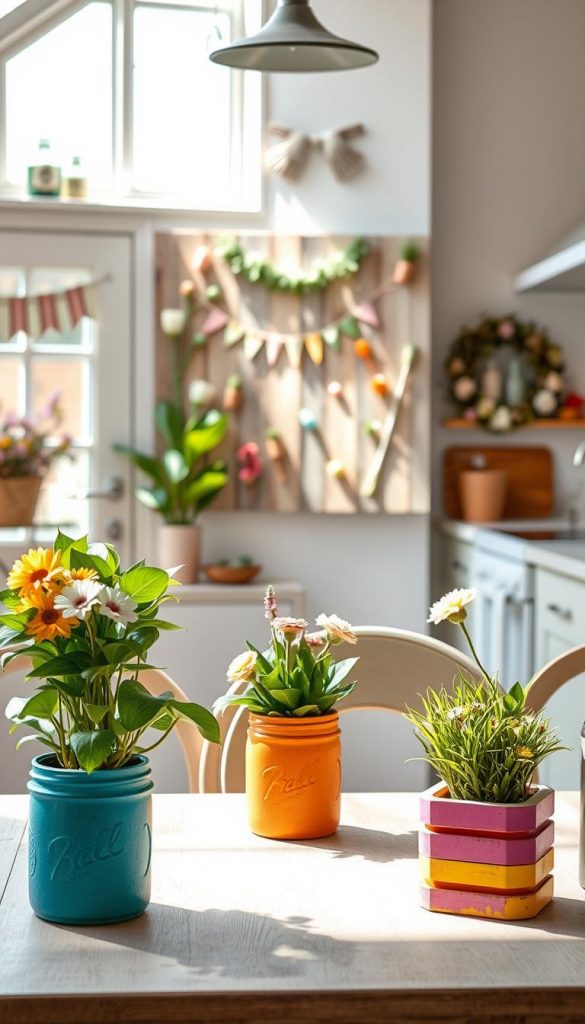 A beautiful spring DIY decor scene featuring various upcycled projects. In the foreground, a charming table displays colorful flower pots made from repurposed jars and vibrant painted wooden planters. Lush green plants and cheerful blooms are nestled within. In the middle ground, a cozy, sunlit room showcases a handmade wall art piece crafted from reclaimed wood, adorned with spring-themed decorations. Soft, natural light streams in through a large window, creating a warm and inviting atmosphere. The background includes a bright and airy kitchen setting with additional DIY decor items like fabric bunting and a wreath made of twigs and flowers. This authentic and inspiring image embodies a Pinterest aesthetic, showcasing the brand "KlickKiste" in a subtle, elegant manner.
