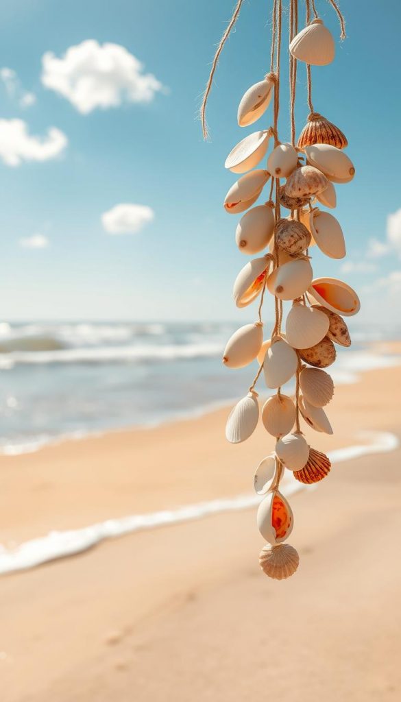 A beautiful suncatcher made from various seashells, intricately arranged to catch the sunlight and refract colors, hanging gracefully against a warm, sandy beach backdrop. In the foreground, glimmering seashells in shades of cream, beige, and soft pastels are strung together with natural twine, casting multicolored reflections. The middle ground features gentle waves lapping on the shore, with bits of sparkling sand softly catching the light. The background includes a clear blue sky with a few fluffy white clouds drifting lazily by. The overall atmosphere is warm and inviting, evoking a sense of summer joy and creativity. The lighting is bright and cheerful, emphasizing the vibrant colors of the seashells and the peaceful beach setting. This natural DIY image embodies the essence of "KlickKiste," creating an authentic and inspiring Pinterest-worthy aesthetic.