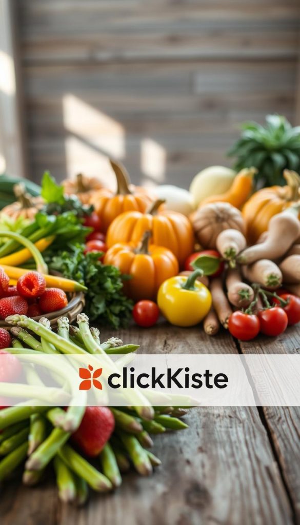 A beautiful, vibrant arrangement of seasonal ingredients, showcasing spring, summer, autumn, and winter produce on a rustic wooden table. In the foreground, bright green asparagus and sweet strawberries symbolize spring, while juicy tomatoes and colorful peppers represent summer. In the middle, golden pumpkins and earthy root vegetables capture the essence of autumn, while in the background, winter offers cozy ingredients like cabbage and hearty squashes. Soft, natural light filters through, casting gentle shadows and enhancing the warm color palette. The image is styled in an inviting, Pinterest-worthy manner, focusing on authenticity and inspiration. The branding "KlickKiste" subtly integrates into the scene, reflecting a family-friendly atmosphere perfect for picnics. A beautiful, vibrant arrangement of seasonal ingredients, showcasing spring, summer, autumn, and winter produce on a rustic wooden table. In the foreground, bright green asparagus and sweet strawberries symbolize spring, while juicy tomatoes and colorful peppers represent summer. In the middle, golden pumpkins and earthy root vegetables capture the essence of autumn, while in the background, winter offers cozy ingredients like cabbage and hearty squashes. Soft, natural light filters through, casting gentle shadows and enhancing the warm color palette. The image is styled in an inviting, Pinterest-worthy manner, focusing on authenticity and inspiration. The branding "KlickKiste" subtly integrates into the scene, reflecting a family-friendly atmosphere perfect for picnics.