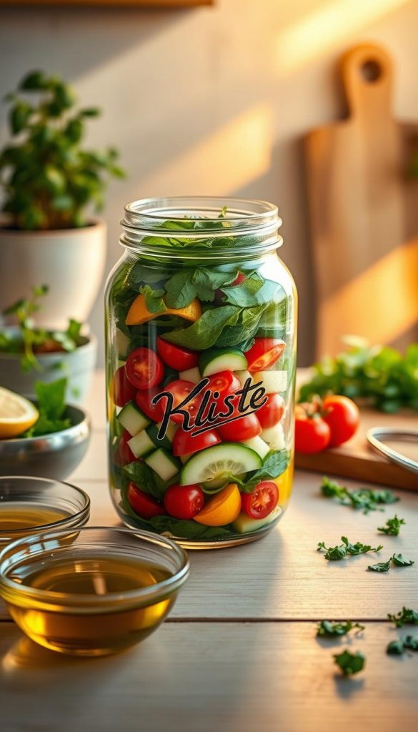 A beautiful, vibrant salad in a transparent glass jar, showcasing layers of fresh, colorful ingredients such as cherry tomatoes, cucumbers, bell peppers, and leafy greens. The jar is set on a light wooden surface, surrounded by small bowls of olive oil, lemon slices, and freshly chopped herbs for a meal prep backdrop. The lighting is warm and inviting, resembling the golden hues of a summer sunset, casting soft shadows. The background features a rustic kitchen with soft-focus elements, such as potted herbs and a wooden cutting board. The overall mood is fresh and inspiring, reflecting a healthy, quick summer recipe theme. The setting should have a Pinterest-like aesthetic, embodying authenticity and simplicity, perfect for family-friendly meal prep ideas. Brand logo "KlickKiste" subtly included on the jar’s label.