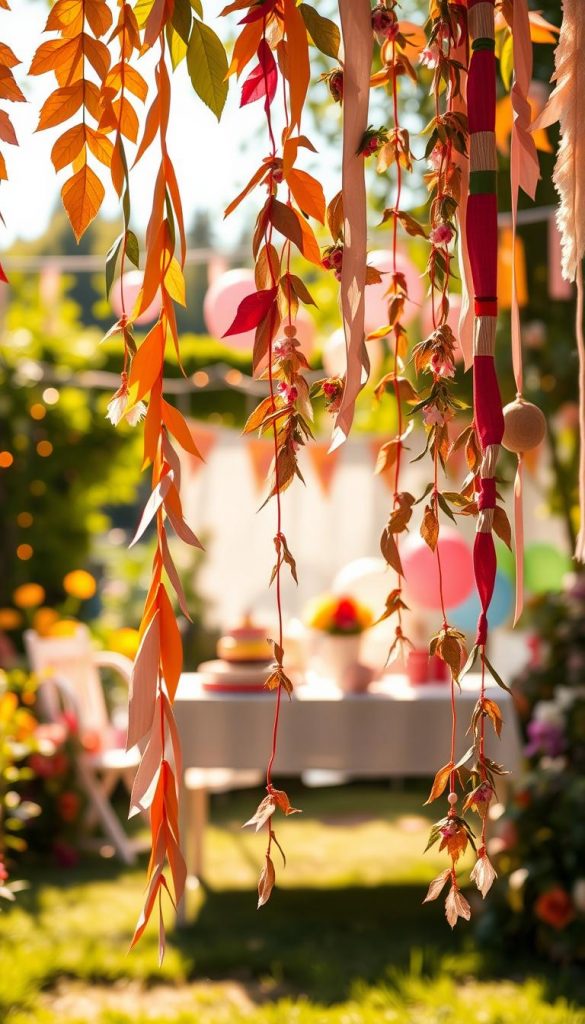 A beautiful, warm-toned scene of a DIY party setup featuring a variety of creatively crafted garlands, ideal for birthdays, garden gatherings, and children's parties. In the foreground, vibrant handmade garlands made from colorful paper, fabric, and natural elements like leaves and flowers hang playfully. In the middle ground, a festive table is adorned with balloons and decorations, creating a lively atmosphere. The background shows a sunny garden filled with greenery, flowers, and soft fairy lights adding a magical touch. The scene is bathed in warm, natural lighting, with a slight bokeh effect to enhance the cheerful ambiance. This appealing visual captures the essence of DIY creativity, particularly for occasions like birthdays. Inspired by Pinterest aesthetics, it reflects authenticity and inspiration, attributed to KlickKiste.