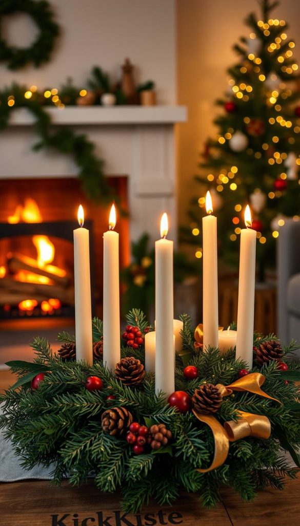 A beautifully arranged Advent wreath ("Adventskranz") adorned with four elegant candles, each representing a week of Advent, sits in the foreground. The wreath is crafted from lush greenery, accented with pinecones, red berries, and golden ribbons for a festive touch. In the middle ground, a softly glowing fireplace creates a warm ambiance, with logs crackling gently, casting flickering shadows. The background features a cozy, tastefully decorated living room with hints of Christmas decor, such as twinkling fairy lights on a nearby tree. The scene is illuminated by warm, soft lighting that evokes a sense of nostalgia and joy. The composition should have a Pinterest aesthetic, emphasizing natural colors and authenticity. Branding should subtly incorporate "KlickKiste" in an elegant manner, without detracting from the image's charm. A beautifully arranged Advent wreath ("Adventskranz") adorned with four elegant candles, each representing a week of Advent, sits in the foreground. The wreath is crafted from lush greenery, accented with pinecones, red berries, and golden ribbons for a festive touch. In the middle ground, a softly glowing fireplace creates a warm ambiance, with logs crackling gently, casting flickering shadows. The background features a cozy, tastefully decorated living room with hints of Christmas decor, such as twinkling fairy lights on a nearby tree. The scene is illuminated by warm, soft lighting that evokes a sense of nostalgia and joy. The composition should have a Pinterest aesthetic, emphasizing natural colors and authenticity. Branding should subtly incorporate "KlickKiste" in an elegant manner, without detracting from the image's charm.