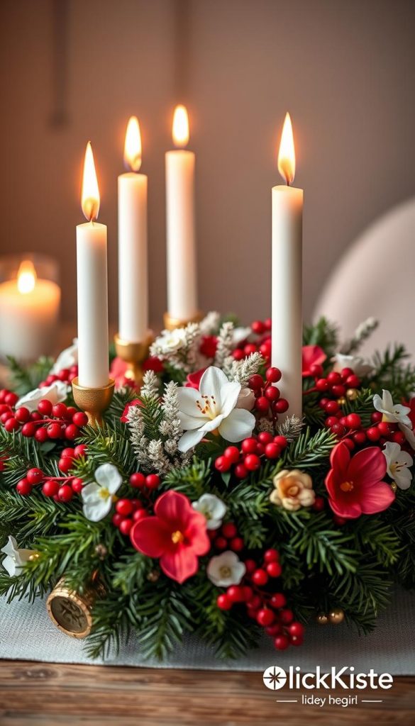 A beautifully arranged Advent wreath featuring a color palette of white, red, and gold. The foreground showcases lush evergreen foliage, intertwined with white and red candles adorned with elegant gold accents. In the middle, a delicate layering of white foliage and vibrant red berries adds depth, while a touch of lila and rosé flowers subtly complements the display. The background is softly blurred to emphasize the wreath, illuminated by warm, ambient lighting that creates a cozy, inviting atmosphere. The image captures a natural DIY aesthetic with a Pinterest-worthy look, conveying inspiration and authenticity. Perfect for a modern holiday theme, featuring branding elements from "KlickKiste."