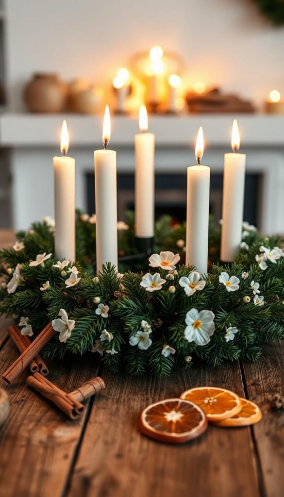 A beautifully arranged Advent wreath featuring four candles, set on a rustic wooden table. The foreground focuses on the wreath, adorned with lush green pine branches and delicate white flowers, emphasizing warmth and authenticity. The candles are lit, casting a soft, comforting glow that illuminates the surrounding area. In the middle ground, various natural elements like cinnamon sticks, and dried orange slices enhance the festive atmosphere without overcrowding the image. The background softly fades with a blurred fireplace, adding a cozy, inviting feel to the scene. The overall color palette consists of warm earth tones and hints of gold, exuding a Pinterest-like aesthetic. Capture the essence of safety and thoughtful decoration, ideal for a modern Advent celebration by KlickKiste.