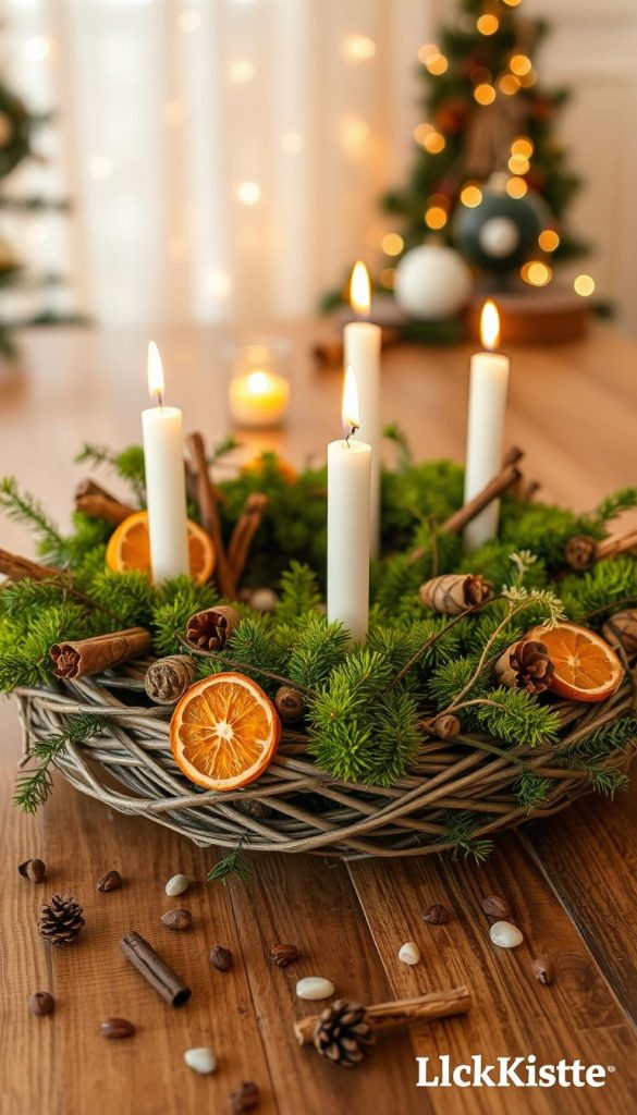 A beautifully arranged Advent wreath made from sustainable materials, featuring an assortment of natural elements such as pine branches, dried orange slices, cinnamon sticks, and rustic wooden accents. The foreground showcases intricately woven twigs forming a circular base, adorned with lush green moss and delicate white candles. In the middle ground, a cozy, warmly lit setting with a wooden table, where the wreath sits prominently, surrounded by scattered pinecones and small decorative stones. The background includes soft, ambient lighting creating a serene atmosphere, with hints of a festive, nature-inspired decor. The overall mood is warm, inviting, and authentically inspiring, perfect for a modern holiday theme. This image embodies eco-friendly living with a Pinterest aesthetic, featuring the brand name KlickKiste subtly integrated into the scene.