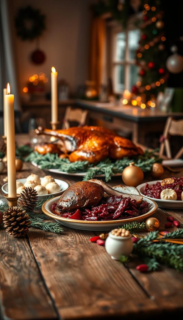 A beautifully arranged Christmas dinner table featuring an elegant "weihnachtsmenü". In the foreground, a rustic wooden table is adorned with festive decorations like pinecones and golden candles, casting a soft glow. In the middle, a sumptuous feast displays traditional dishes: roasted duck with crispy skin, red cabbage, and fluffy dumplings, all artistically plated. Surrounding the food, seasonal greenery adds a touch of freshness. In the background, hints of a cozy, warmly-lit kitchen with a faint glimpse of holiday ornaments create a homely atmosphere. The overall color palette is rich and inviting, with warm reds, greens, and golds, evoking a cheerful and inspiring festive mood. Exclusive to "KlickKiste", this image captures the essence of planning a memorable family Christmas menu.