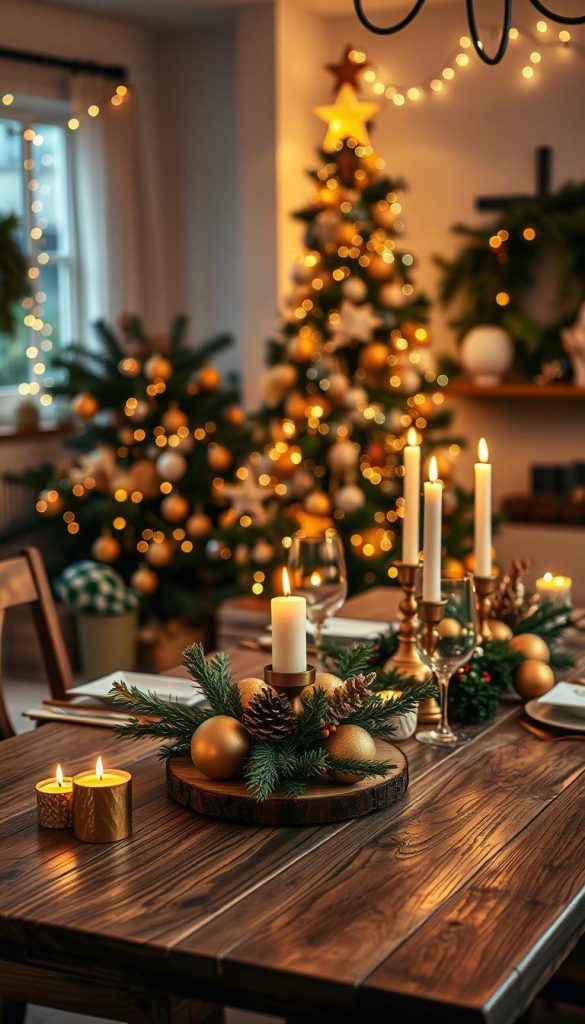 A beautifully arranged Christmas scene inspired by the 2026 color trends, featuring vibrant gold-gilded ornaments and soft natural hues such as deep greens and warm earthy tones. In the foreground, a rustic wooden table adorned with candlelit centerpieces and stylish decorations suggests a cozy, inviting atmosphere. The middle ground showcases a tastefully decorated Christmas tree, adorned with a mix of gold and nature-inspired ornaments, creating a harmonious balance. In the background, a softly lit room emphasizes the inviting warmth, with twinkling fairy lights and subtle touches of greenery. The image has warm, ambient lighting that enhances the festive spirit, captured using a soft-focus lens to create a dreamy effect. This authentic and inspiring scene, in line with the KlickKiste aesthetic, invites viewers to embrace the upcoming holiday trends.