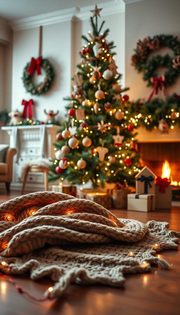 A beautifully arranged Christmas tree adorned with elegant decorations featuring wreaths, garlands, and an advent calendar, all styled in a warm, cozy atmosphere. In the foreground, an inviting knitted blanket is draped across the floor, with twinkling fairy lights softly illuminating the scene. The middle ground showcases a tree decorated with natural elements like pinecones, red berries, and handmade ornaments, surrounded by lush greenery. In the background, a softly lit living room with a fireplace exudes a welcoming ambiance. The photograph should capture the richness of warm colors with a Pinterest-inspired aesthetic, highlighting the craftsmanship of "KlickKiste." The overall mood should feel authentic and inspiring, inviting viewers to embrace the festive spirit of holiday decorating. Use a warm lighting setup and a slight bokeh effect to enhance the focus on the decorations.
