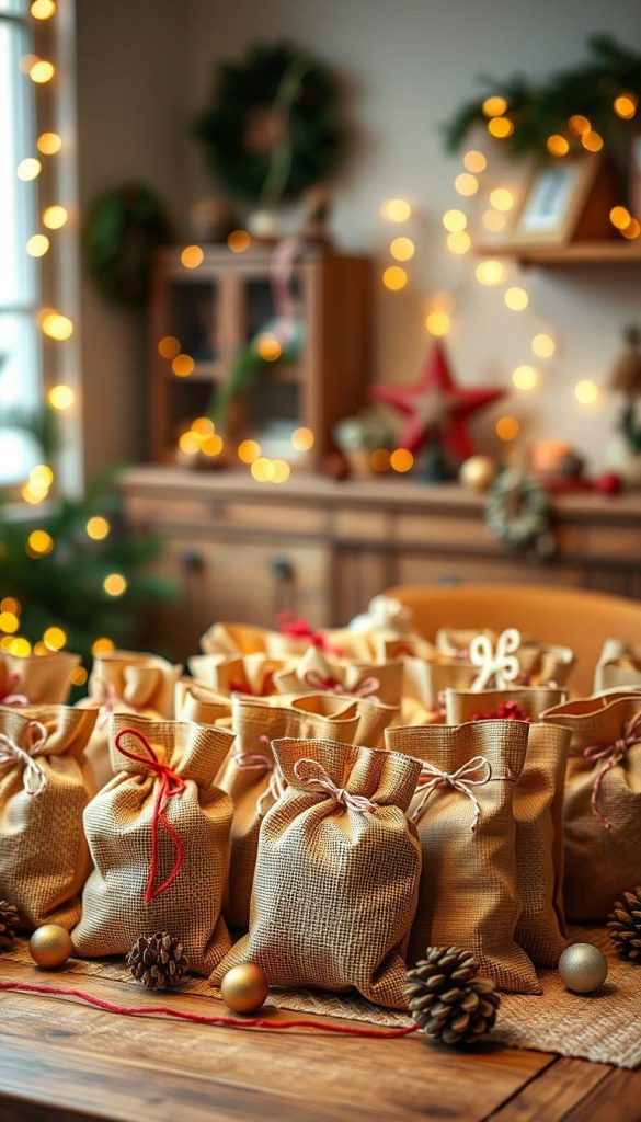 A beautifully arranged DIY Advent calendar display inspired by the theme of "KlickKiste". The foreground showcases an assortment of creatively crafted calendar bags, made from natural materials like burlap and kraft paper, each filled with gifts and seasonal treats. The middle ground features colorful twine and delicate ornaments that enhance the festive feel. The background is a cozy, softly lit interior, with warm, ambient lighting creating an inspiring atmosphere. A rustic wooden table adds to the authenticity, while hints of greenery and pine cones complement the holiday spirit. The overall mood is warm, inviting, and encouraging, perfect for a DIY project atmosphere. Capture this image with a slightly warm color palette and a soft focus lens to emphasize the cozy, crafty vibe.