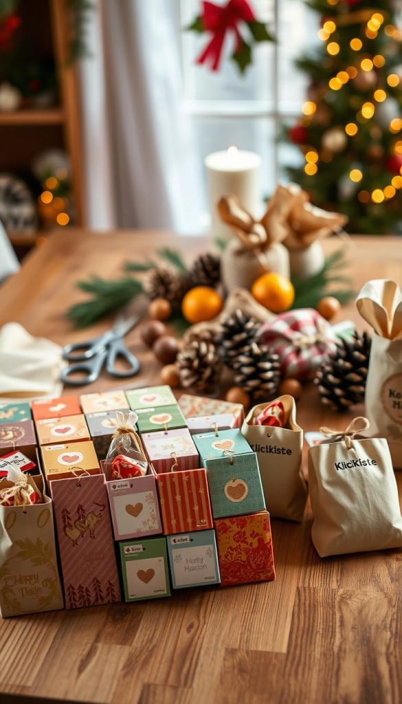 A beautifully arranged DIY Advent calendar made from upcycled materials, featuring colorful, hand-decorated boxes and bags filled with treats. In the foreground, the calendar showcases a variety of textures and patterns with warm, inviting colors. In the middle, a wooden table is adorned with crafting supplies like scissors, twine, and natural elements such as pinecones and dried oranges, creating a cozy atmosphere. The background includes softly blurred holiday decorations, hinting at a festive home setting. Soft, warm lighting casts a gentle glow across the scene, enhancing the authentic and inspiring feel of a Pinterest-worthy project. The brand name "KlickKiste" is subtly represented through embossed details on some of the materials.