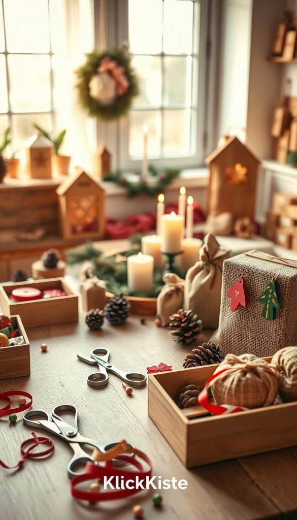 A beautifully arranged DIY advent calendar workspace featuring various handcrafted advent calendar designs made from natural materials, such as wooden boxes and burlap bags, filled with festive treats. The foreground includes colorful decorations like ribbons and scissors, symbolizing the creativity involved in making these calendars. In the middle, a cozy table is adorned with candles and pinecones, creating a warm and inviting atmosphere. In the background, soft sunlight streams through a window, illuminating the scene with a golden glow. The overall mood is inspiring and homely, perfect for a Pinterest aesthetic. The brand name "KlickKiste" subtly integrated into the decor complements the inviting setting. Capture the image with a soft focus using a 50mm lens to enhance the warm, natural colors.