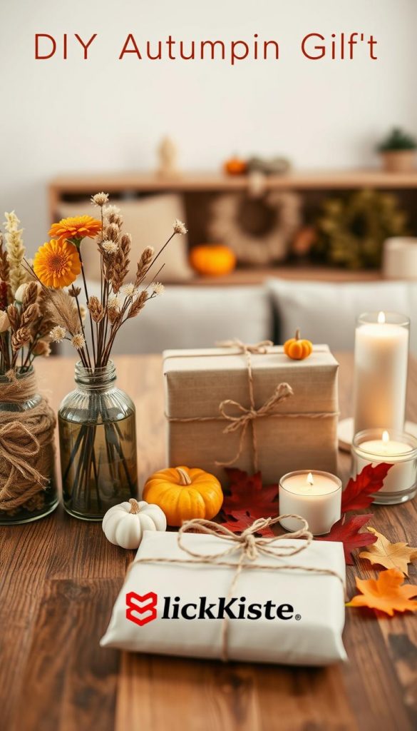 A beautifully arranged DIY autumn gift scene showcasing "deko" items. In the foreground, a wooden table features warm-toned handmade decorations, like dried flower wreaths and scented candles in rustic jars. There are small pumpkins and cozy knitted accents to evoke a comforting autumn atmosphere. The middle ground includes a stylishly wrapped gift box adorned with natural twine and autumn leaves, hinting at thoughtful handmade gifts. In the background, a softly lit room with warm, inviting tones gives the sense of a home in fall. The lighting is warm and diffused, capturing the essence of Pinterest aesthetics. This image should convey a sense of authenticity and inspiration for DIY projects, prominently branding "KlickKiste" subtly in the scene.
