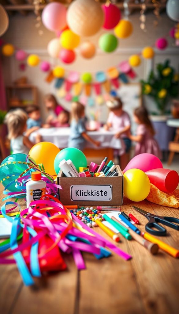 A beautifully arranged DIY birthday party materials list for children. In the foreground, a wooden table topped with colorful crafting supplies: vibrant balloons, colorful streamers, glue, scissors, and paper. In the middle, a small, neatly organized box labeled "KlickKiste" containing additional items like markers, stickers, and decorative embellishments. In the background, a softly blurred setting of a cheerful party scene with children playing and decorations hanging, illuminated by warm, natural light to create an inviting atmosphere. The overall mood is cheerful and inspiring, evoking creativity and fun. The image should capture the essence of planning a safe and engaging DIY station for a kids’ birthday party, with a Pinterest-worthy aesthetic.