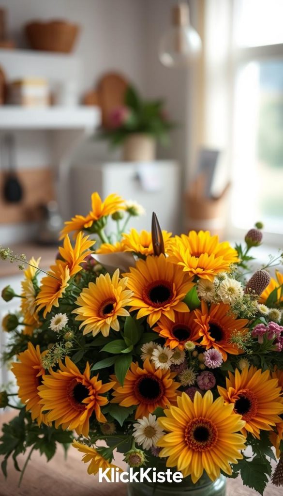 A beautifully arranged DIY floral centerpiece featuring a variety of common flowers, such as sunflowers, daisies, and greenery, showcasing typical mistakes like uneven heights and awkward spacing. In the foreground, highlight an arrangement with warm, inviting colors, emphasizing the textures of the petals and leaves. The middle area includes tools like floral wire and scissors to symbolize quick problem-solving techniques. In the background, a softly blurred, cozy kitchen or workspace with natural light filtering through a window enhances the warm atmosphere. The image should have a Pinterest-inspired aesthetic, reflecting authenticity and inspiration. Include subtle branding elements of "KlickKiste" integrated into the scene, without any visible text or logos.
